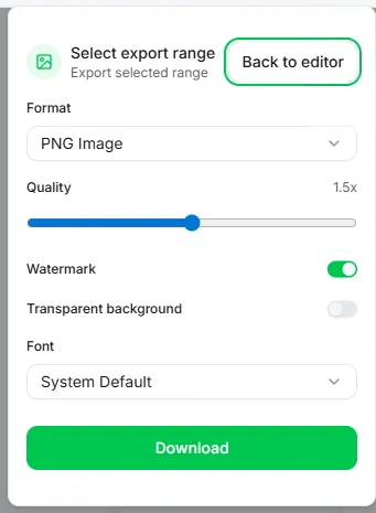 Export panel with watermark and transparent background options