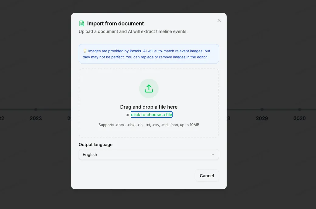 Document Import dialog for extracting timeline events